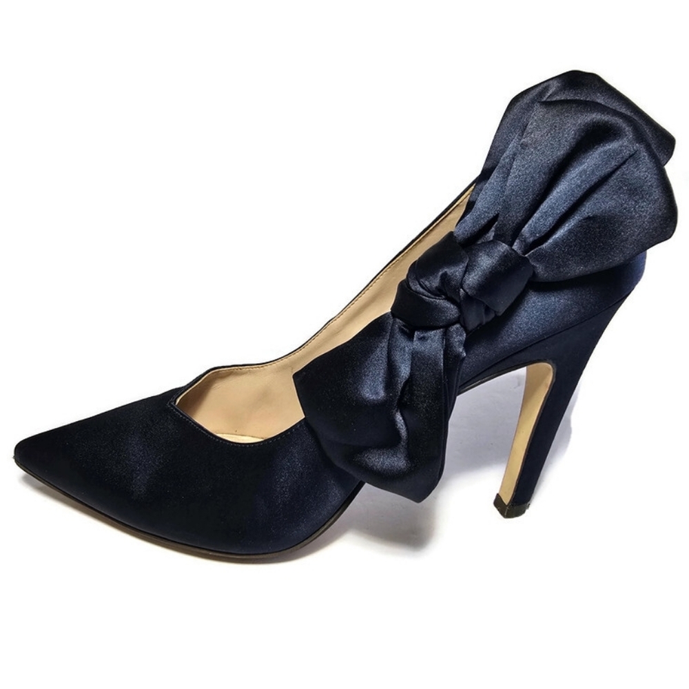 Nine West Blue Satin Oversized Bow Pumps Stilettos Heels Sz 8.5 Pointed - Picture 13 of 16